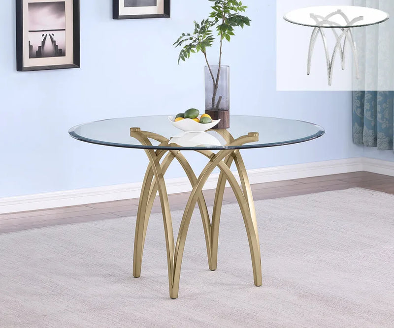 Orbit Round Tempered Glass Dining Table — 2 Metal Finishes