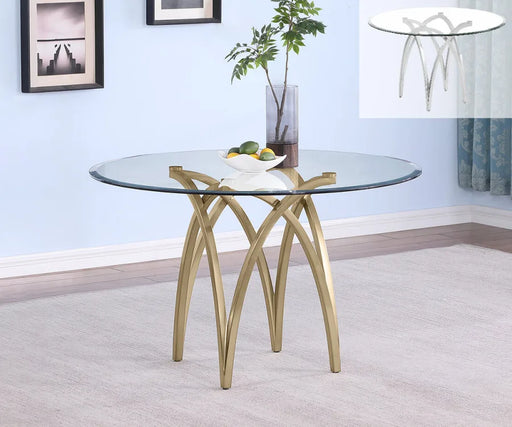 Orbit Round Tempered Glass Dining Table — 2 Metal Finishes