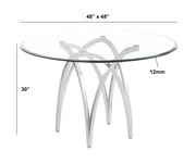 Orbit Round Tempered Glass Dining Table — 2 Metal Finishes - Detail View