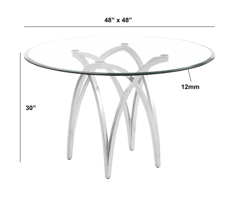 Orbit Round Tempered Glass Dining Table — 2 Metal Finishes - Detail View