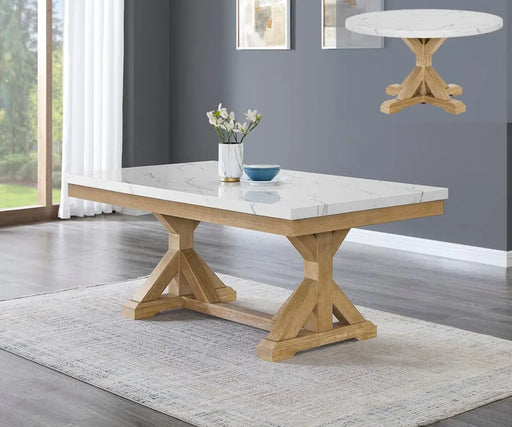 Venezia Faux White Marble & Rustic Wood Dining Table — 2 Styles