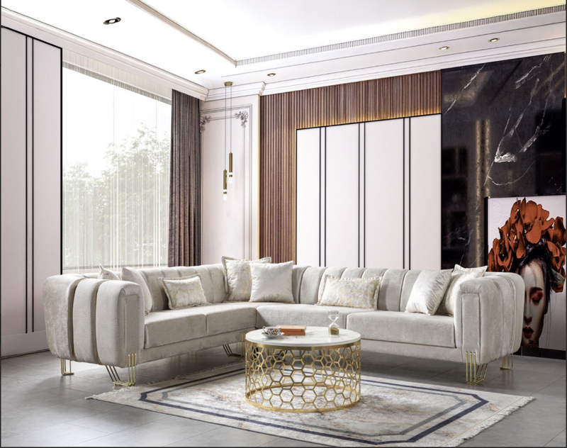 Diamond Ivory Velvet Sectional Sofa – Luxury Living Room Set