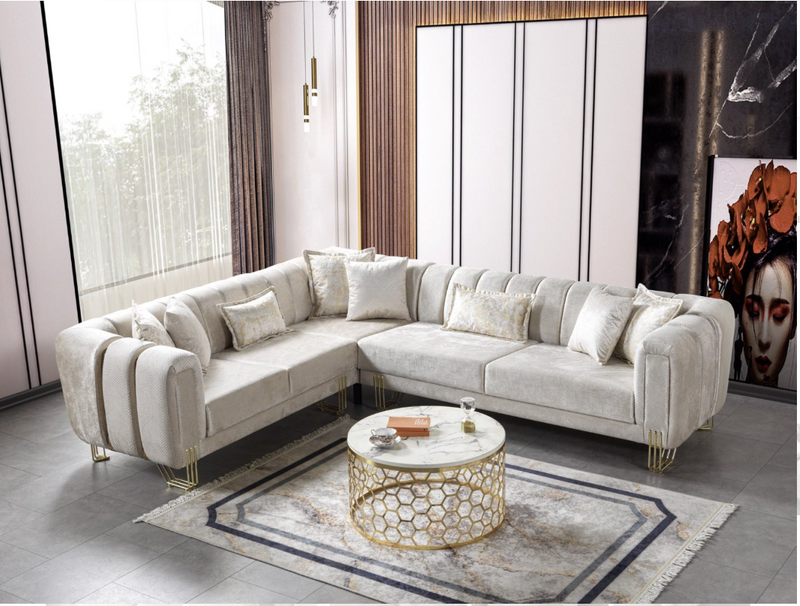 Diamond Ivory Velvet Sectional Sofa – Luxury Living Room Set
