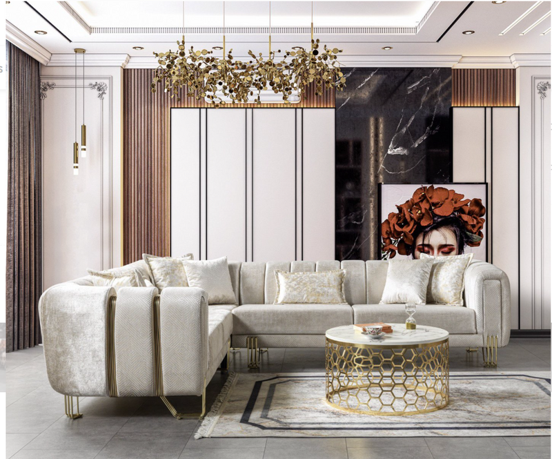 Diamond Ivory Velvet Sectional Sofa – Luxury Living Room Set