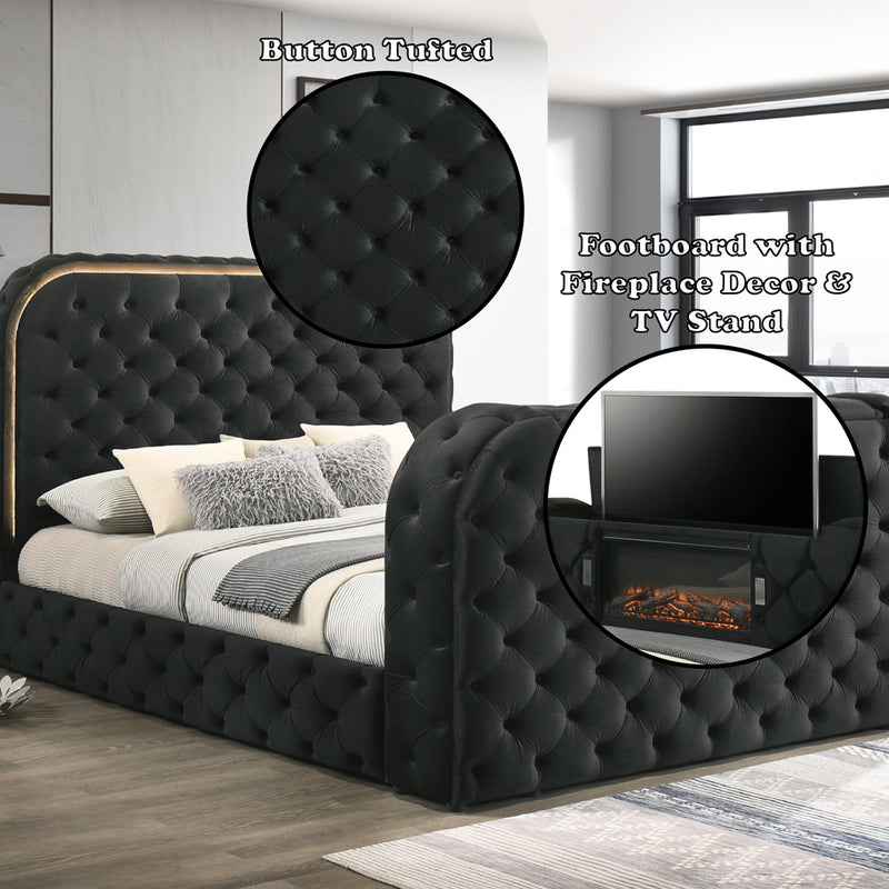 Eastern King Bed w/LED, Fireplace & TV Stand