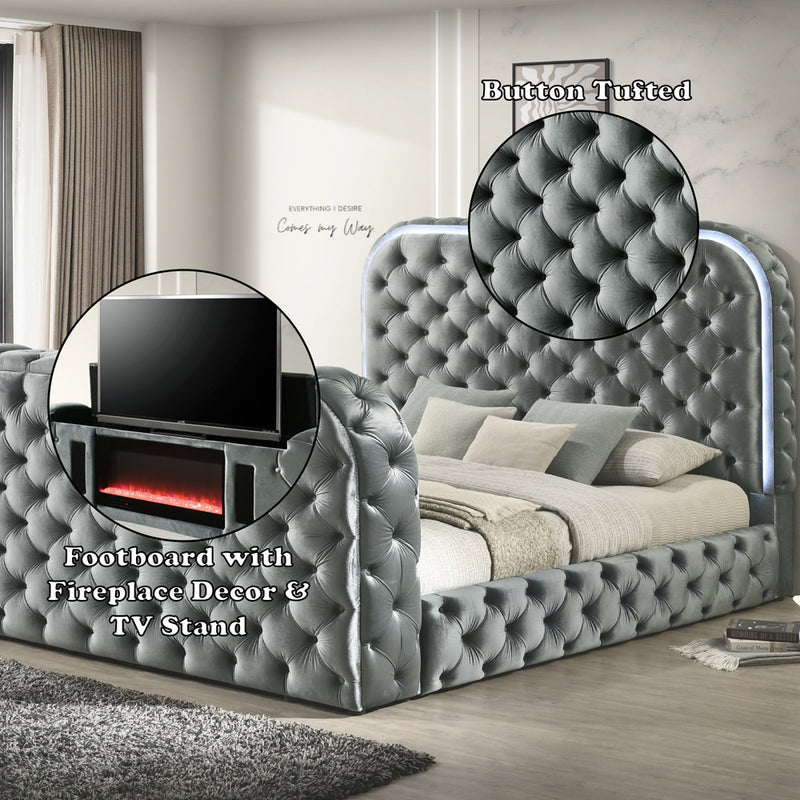 Eastern King Bed w/LED, Fireplace & TV Stand