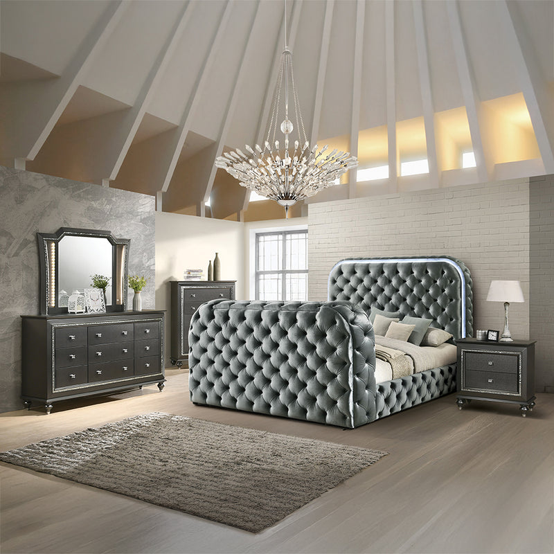 Queen Bed w/LED, Fireplace & TV Stand