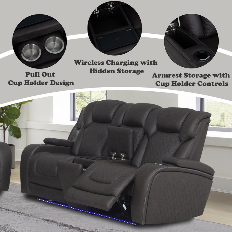 Power Motion Loveseat w/Console,Wireless Charger, Storage,USB & LED